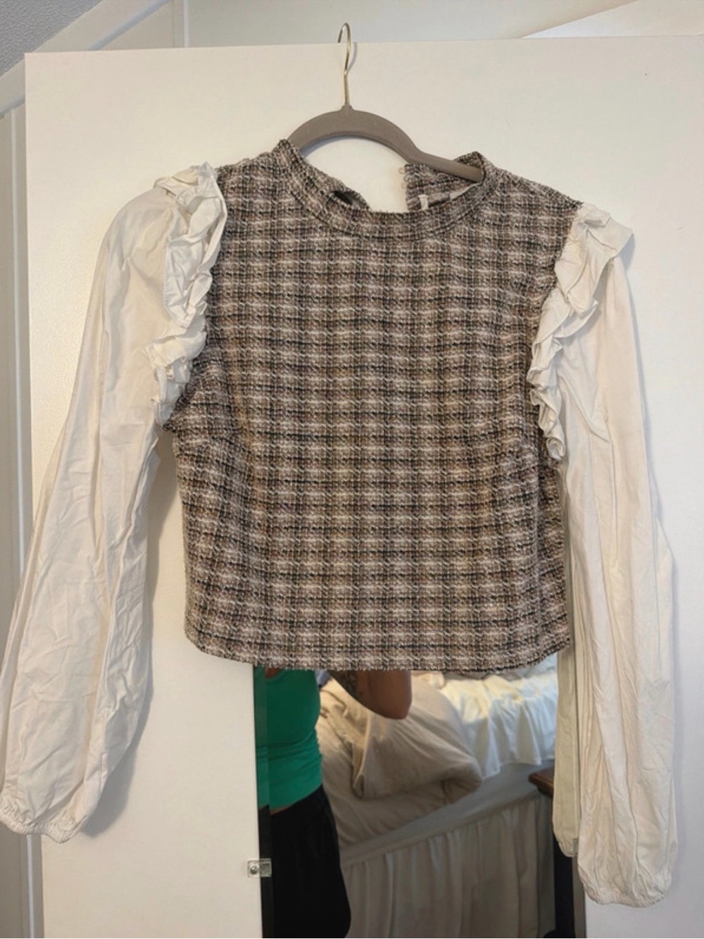 Fate Checked Tweed Bodice Top with White Ruffle Sleeves